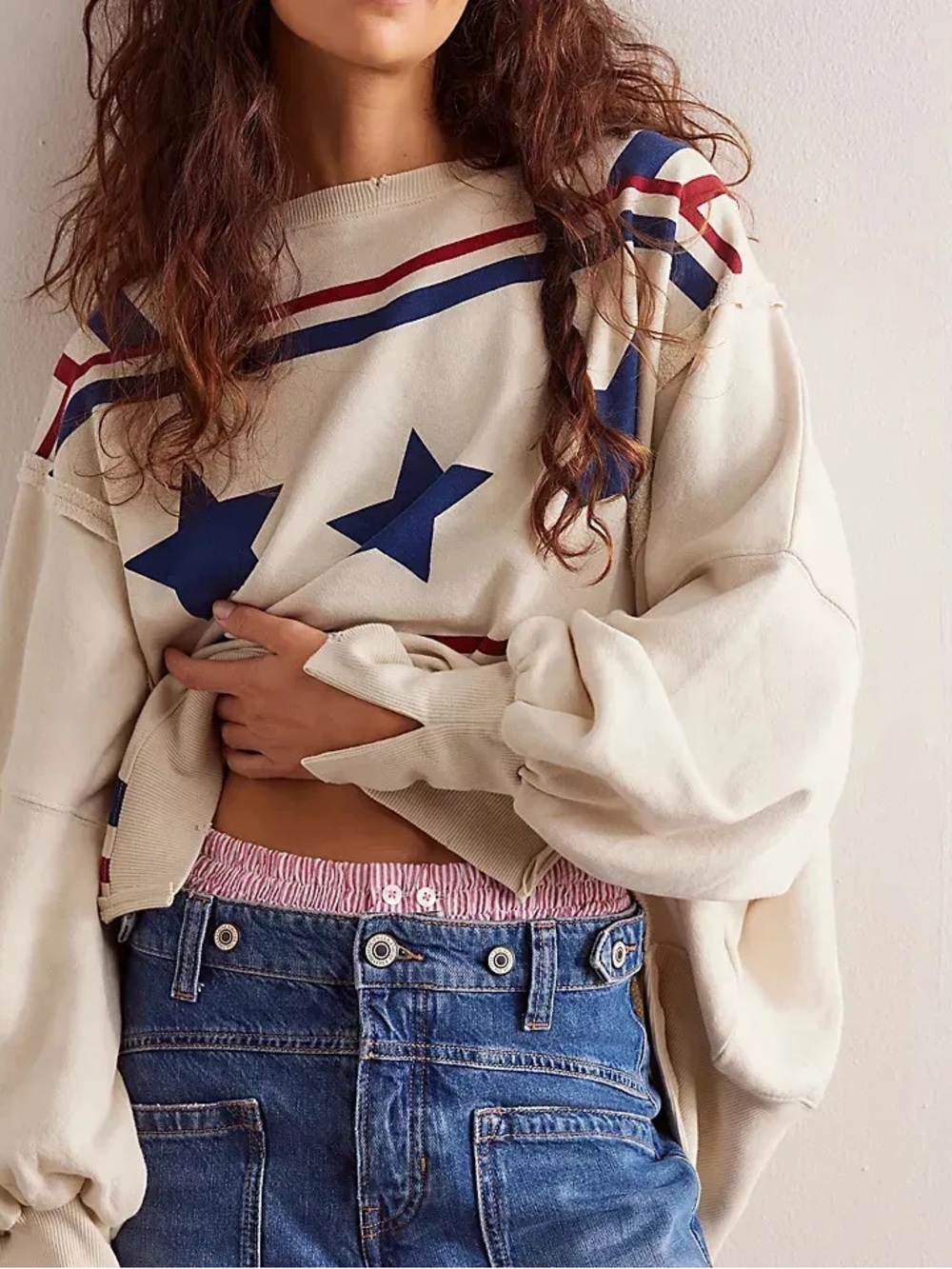Free People Cream Pullover Sweatshirt with Navy Stars and Red Stripes